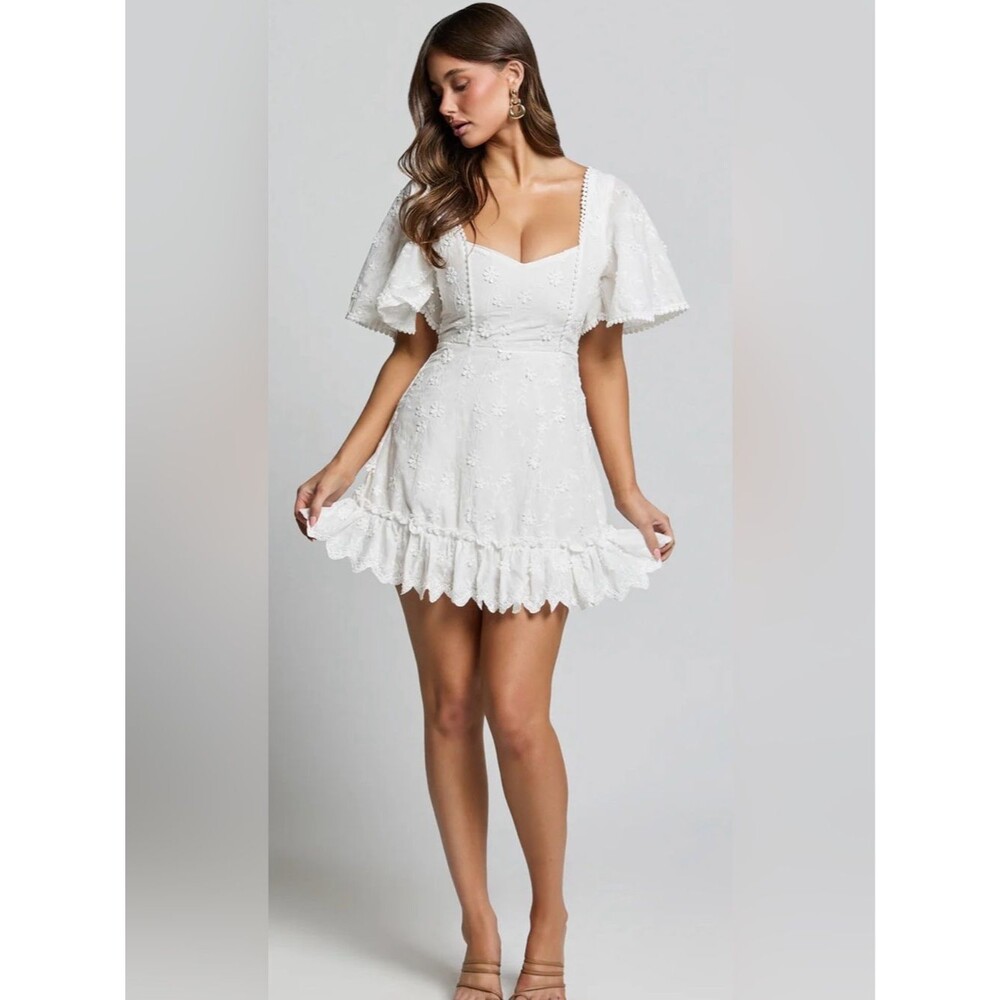 Showpo Fancy A Spritz White Embroidered Mini Dress Flutter Sleeve US 10 Cottage
